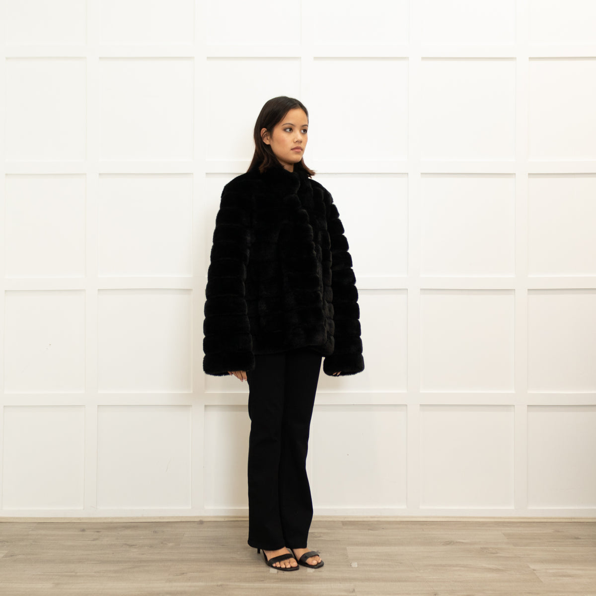 Michael By Michael Kors Black Faux Fur Press Stud Button Jacket