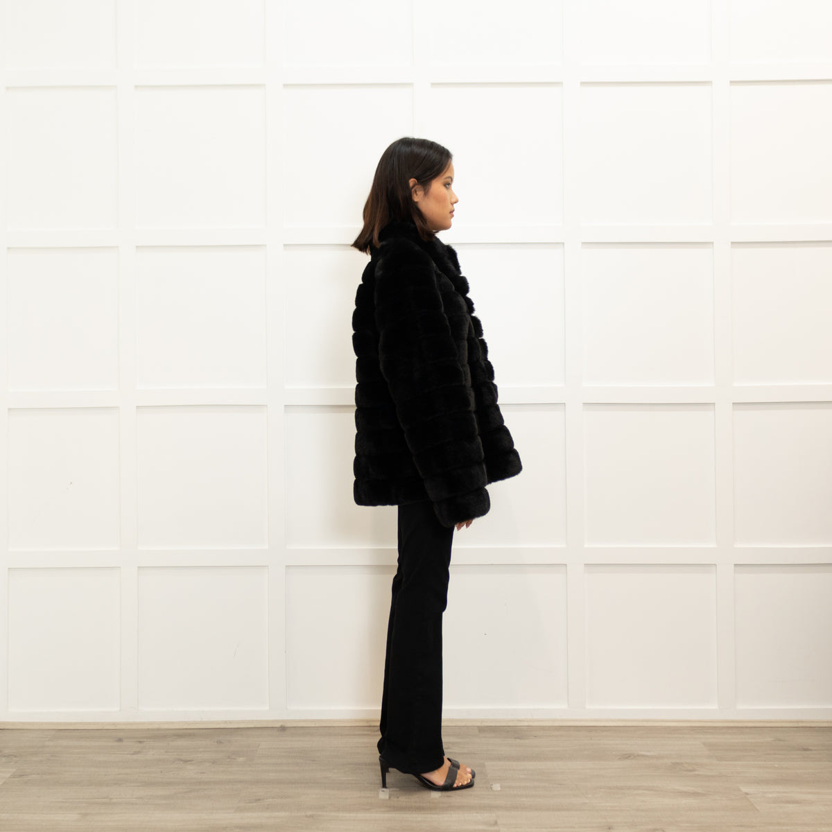Michael By Michael Kors Black Faux Fur Press Stud Button Jacket