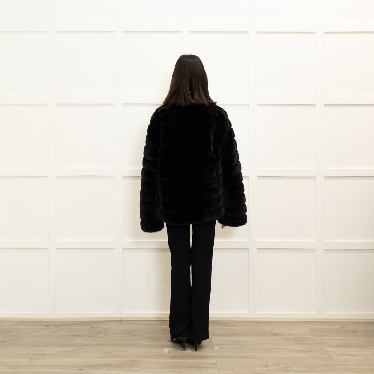 Michael By Michael Kors Black Faux Fur Press Stud Button Jacket