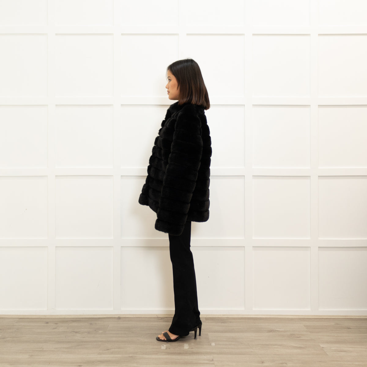 Michael By Michael Kors Black Faux Fur Press Stud Button Jacket
