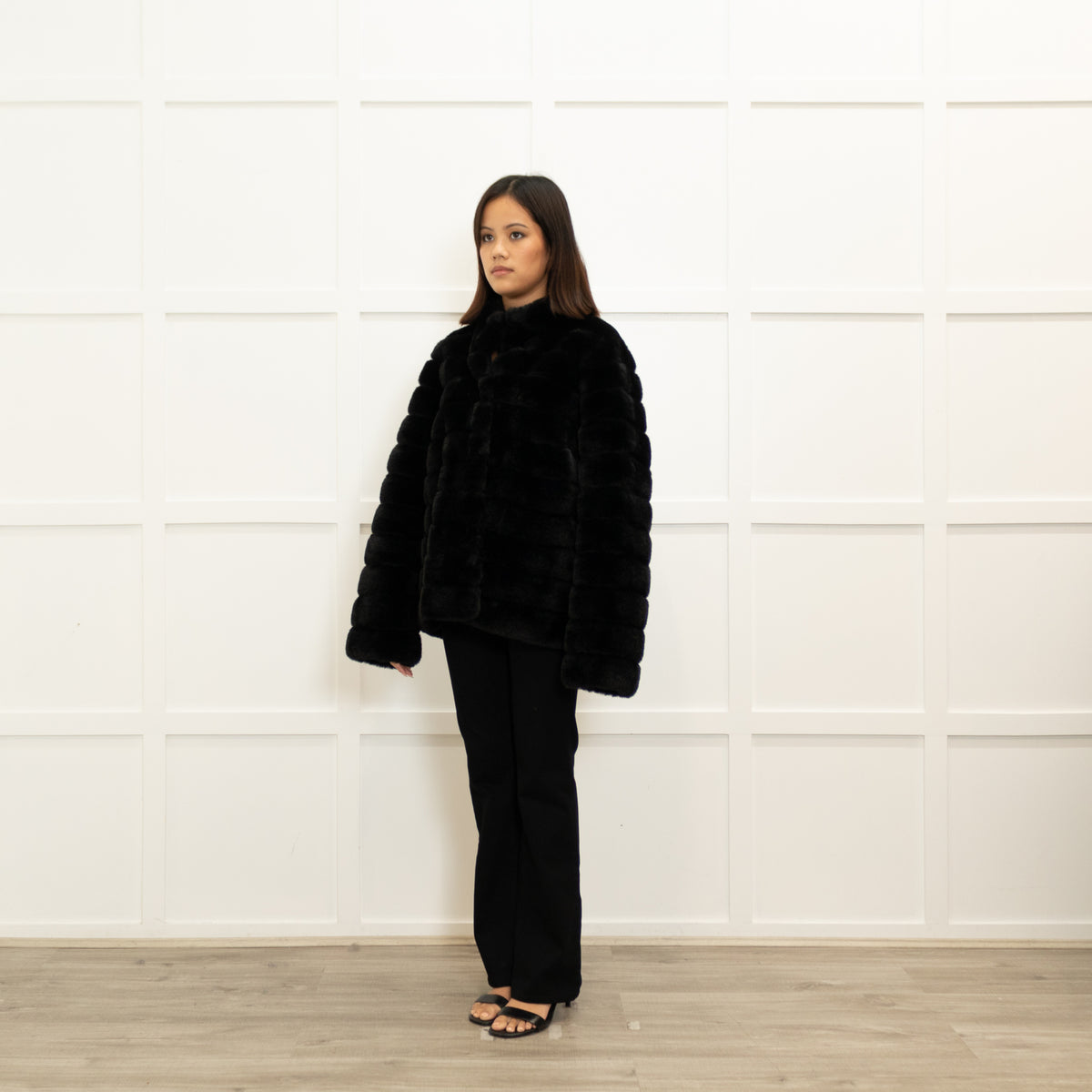 Michael By Michael Kors Black Faux Fur Press Stud Button Jacket