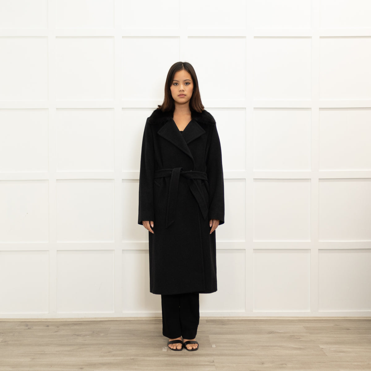 Max Mara Studio Grey Angora Blend Fur Collar Coat