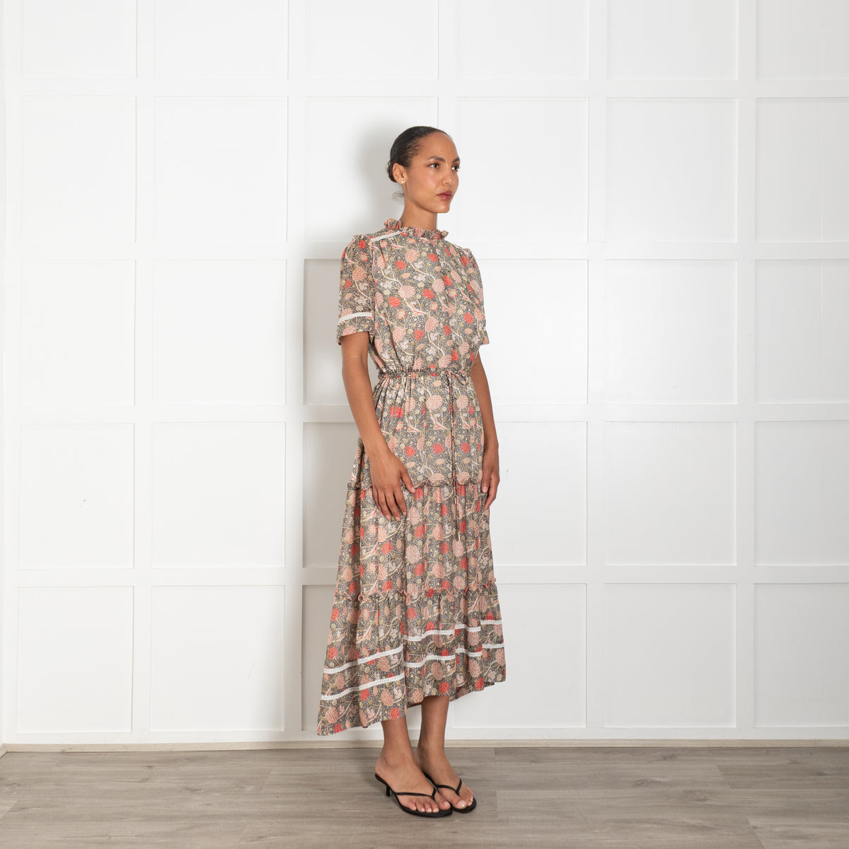 Me + Em Green Pink Botanical Print  Drawstring Waist Maxi Dress With Front Zip