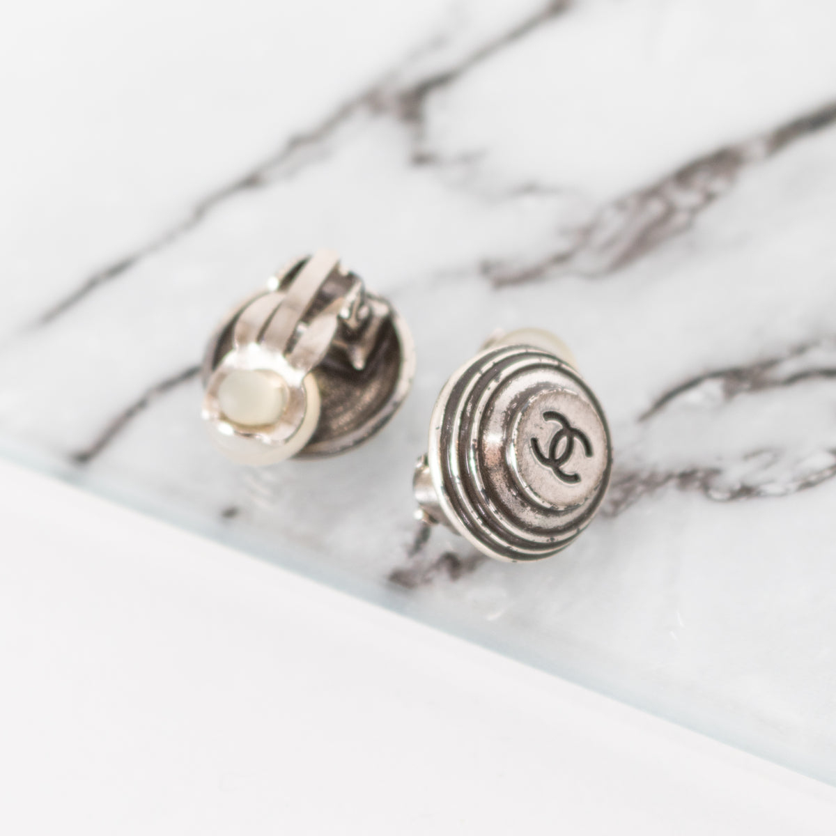 Chanel Silver CC Round Clip On Earrings