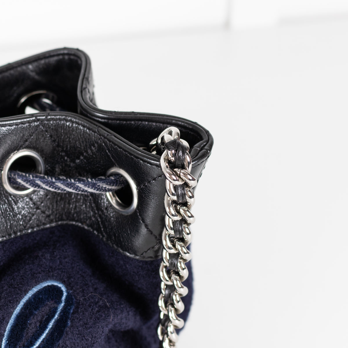 Chanel Navy Felt Black Leather Trim Paris Hamburg Bucket Bag