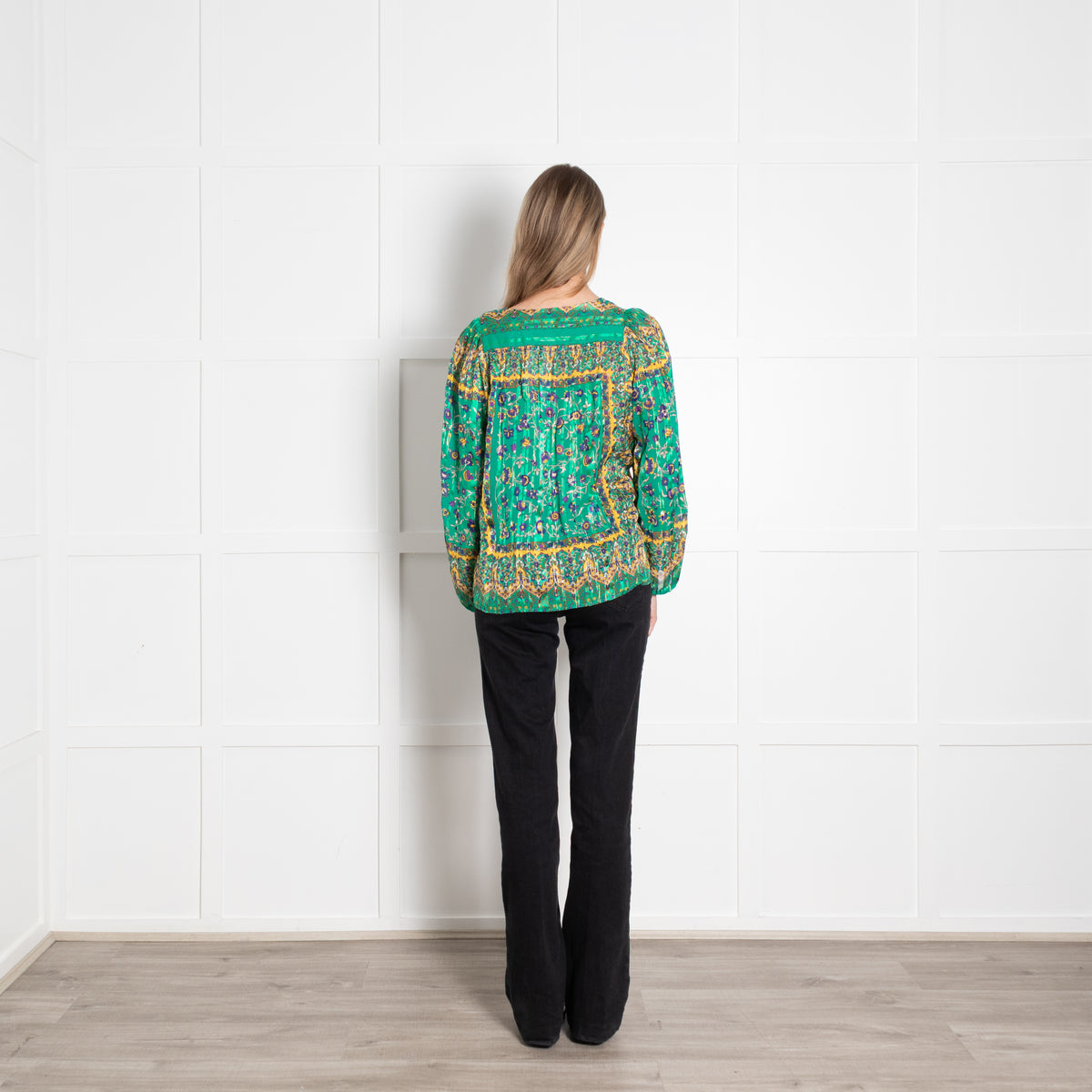 Sandro Green Paisley Floral Gold Thread Smocked Blouse