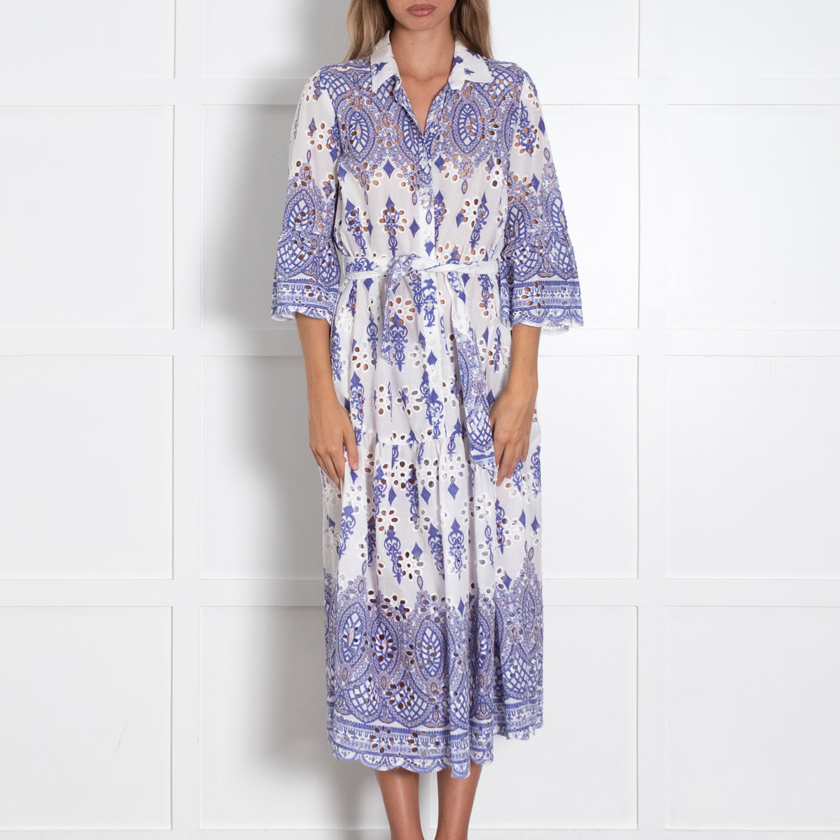 Valerie Khalfon Blue And White Broiderie Anglaise Shirt Dress With Tie Belt
