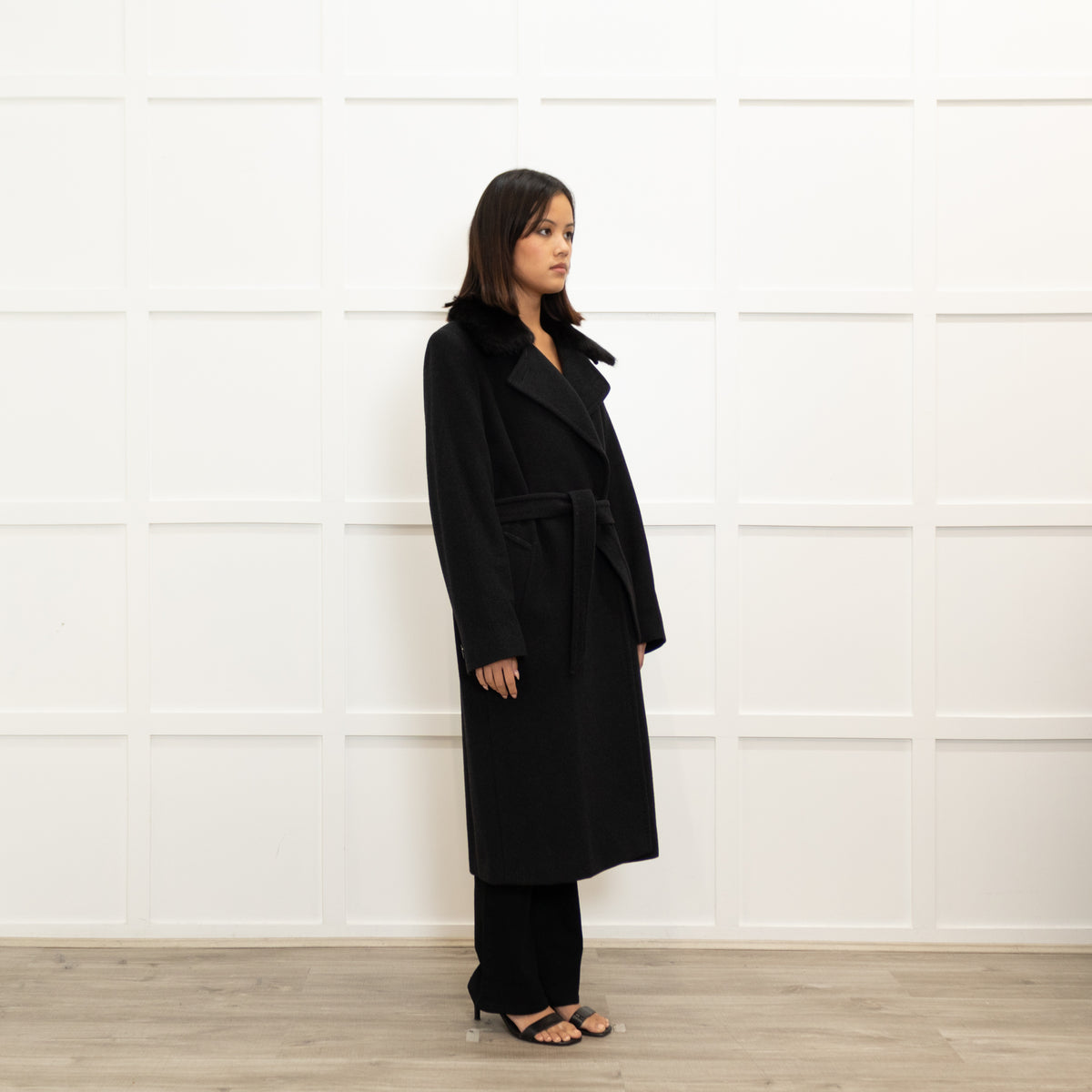 Max Mara Studio Grey Angora Blend Fur Collar Coat