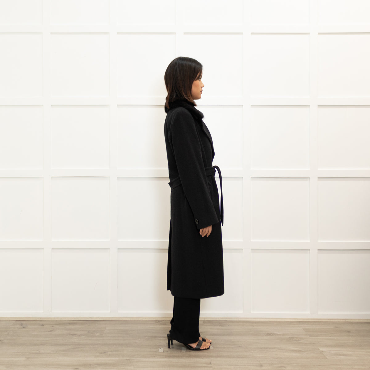 Max Mara Studio Grey Angora Blend Fur Collar Coat