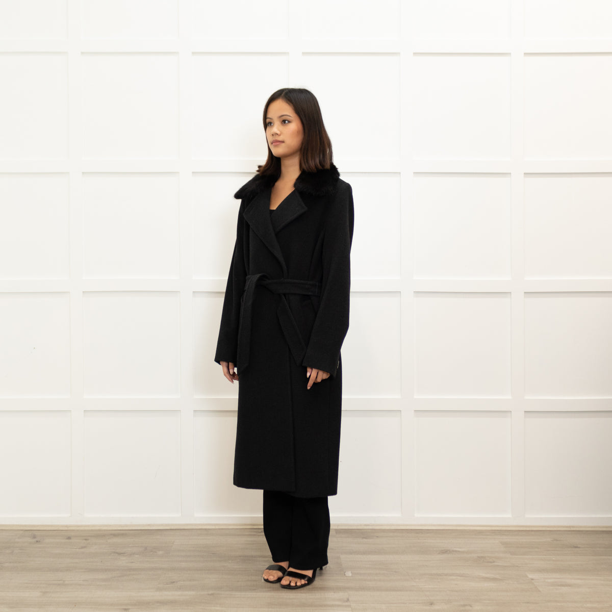 Max Mara Studio Grey Angora Blend Fur Collar Coat