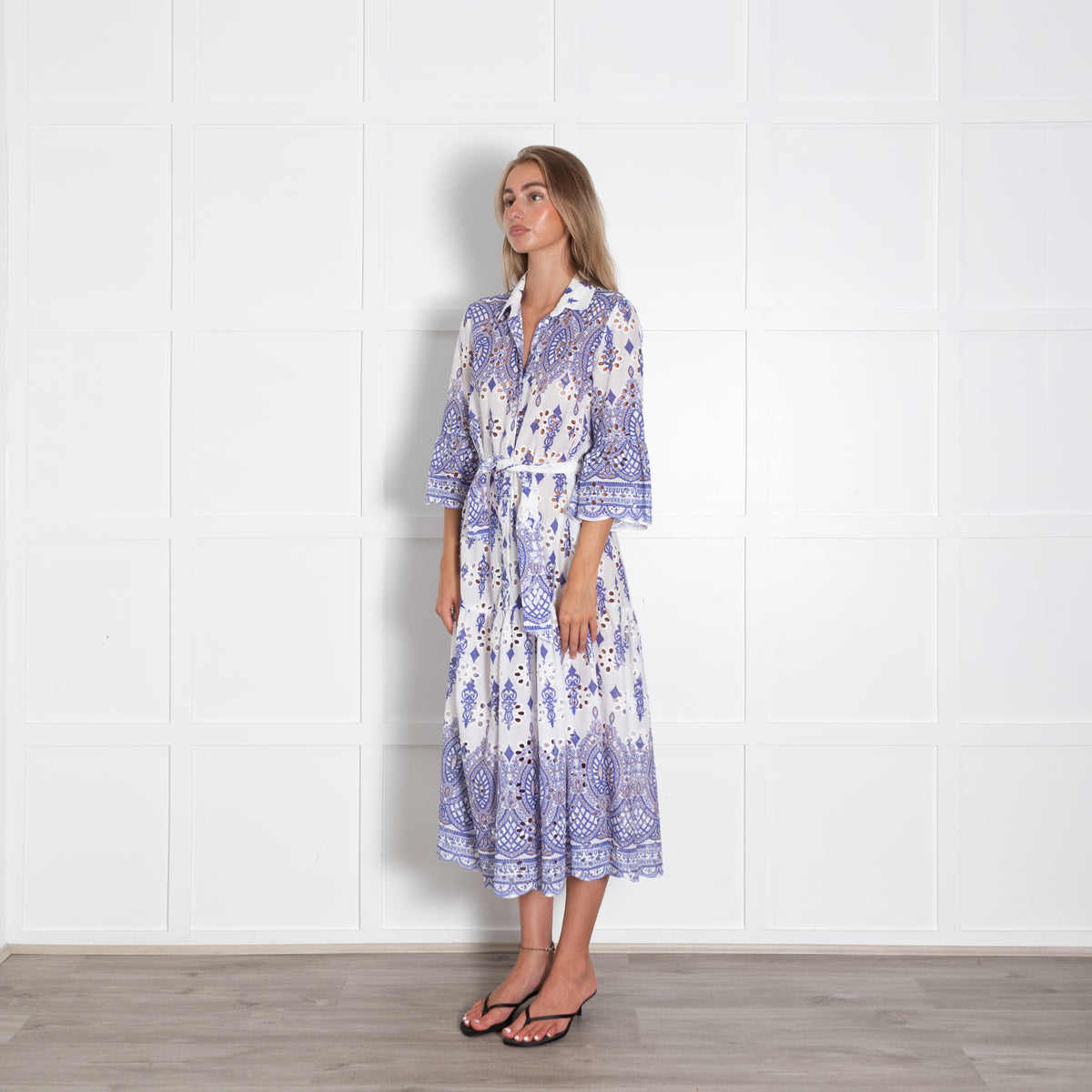 Valerie Khalfon Blue And White Broiderie Anglaise Shirt Dress With Tie Belt