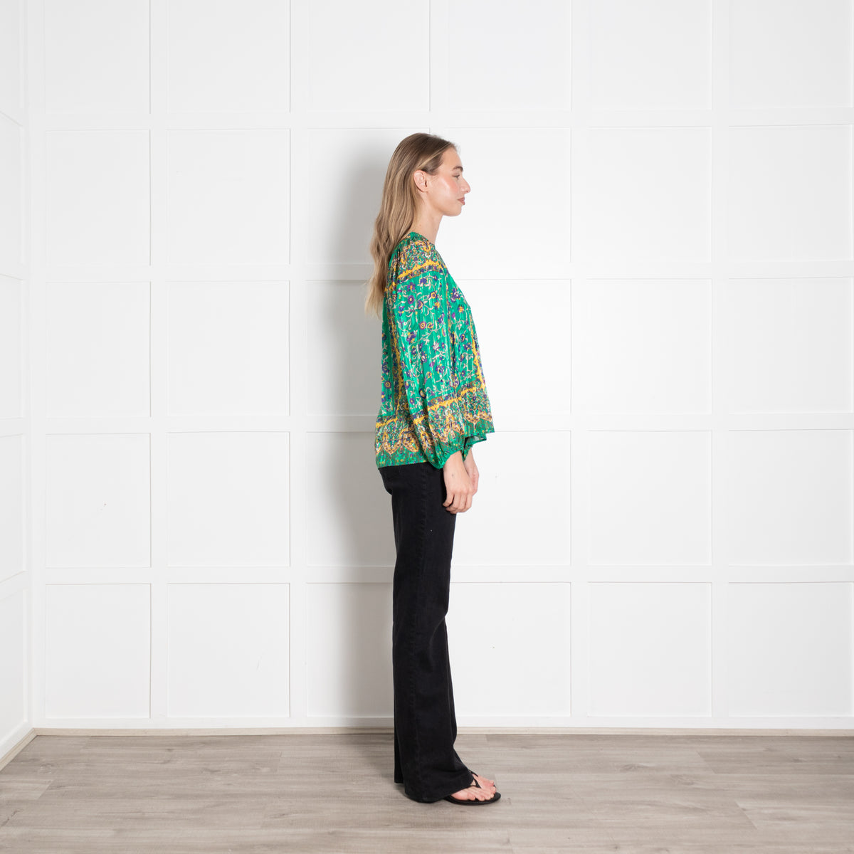 Sandro Green Paisley Floral Gold Thread Smocked Blouse