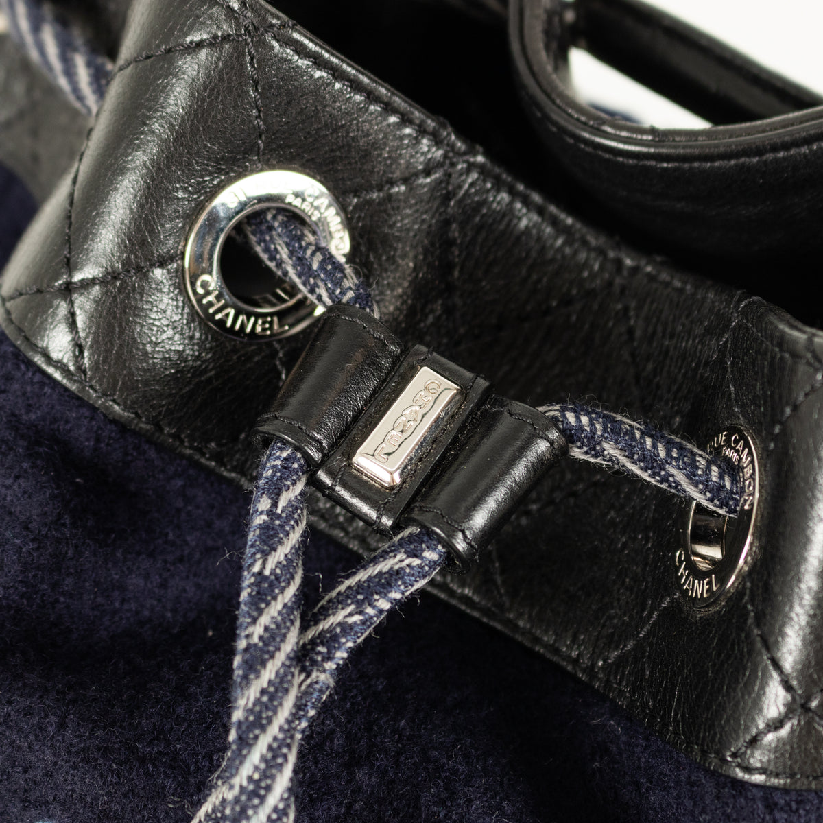 Chanel Navy Felt Black Leather Trim Paris Hamburg Bucket Bag