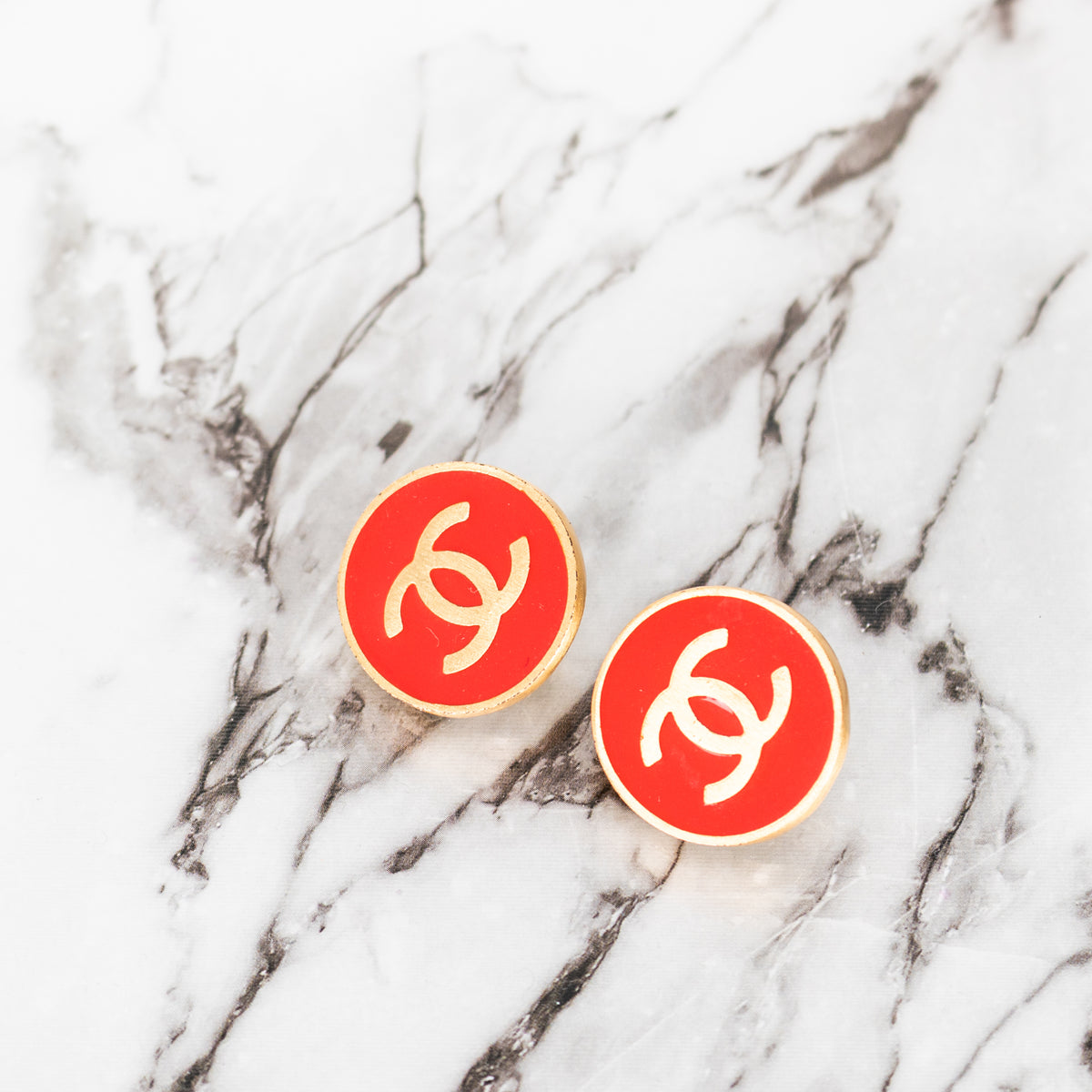 Chanel Gold Red Enamel Button Clip On Earrings