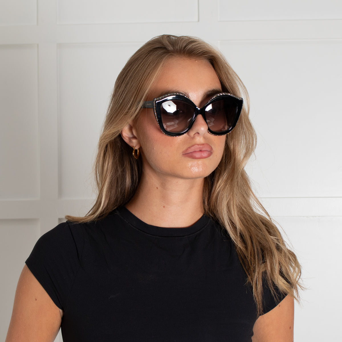 Gucci Black Diamante Embellished Oversized Cat Eye Sunglasses