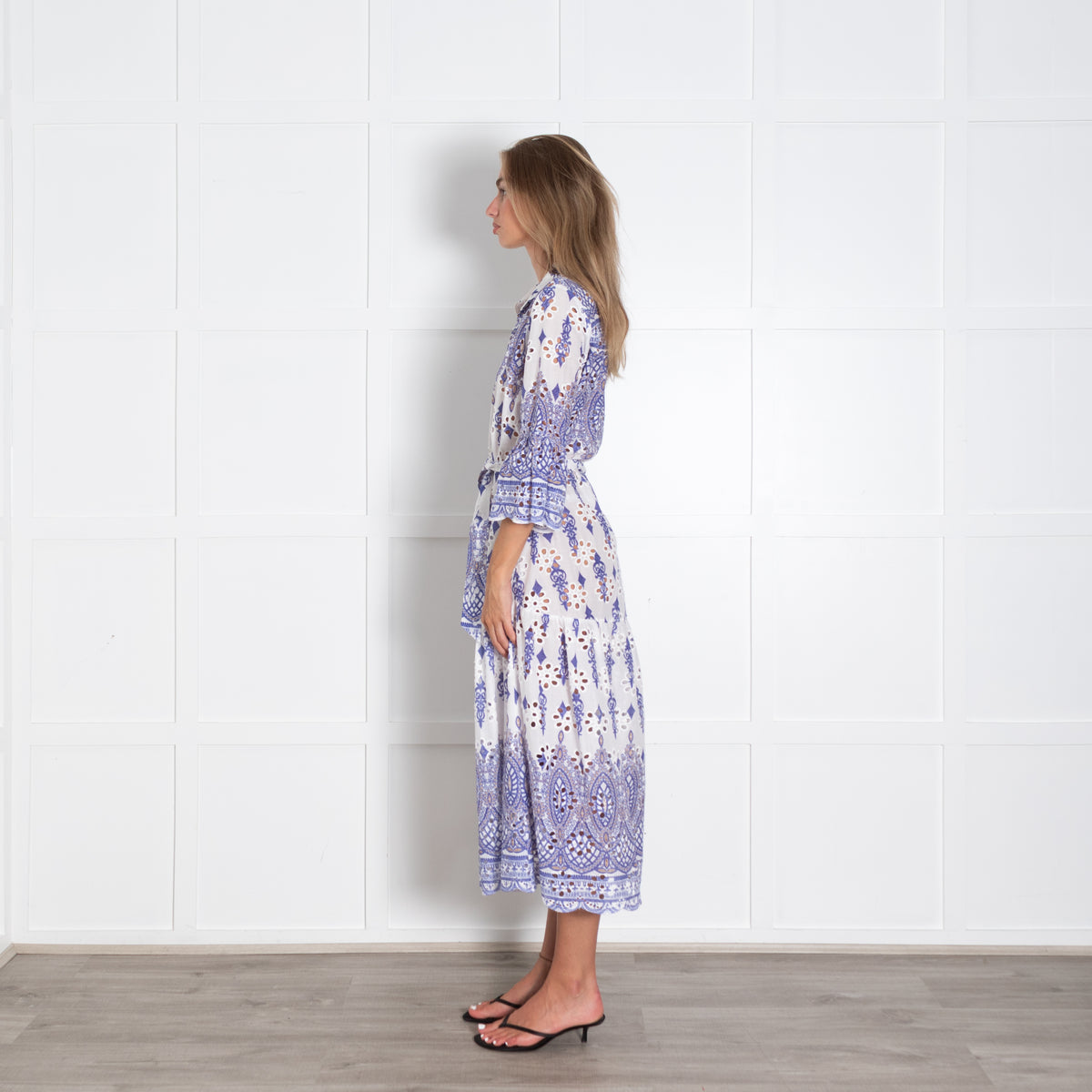 Valerie Khalfon Blue And White Broiderie Anglaise Shirt Dress With Tie Belt