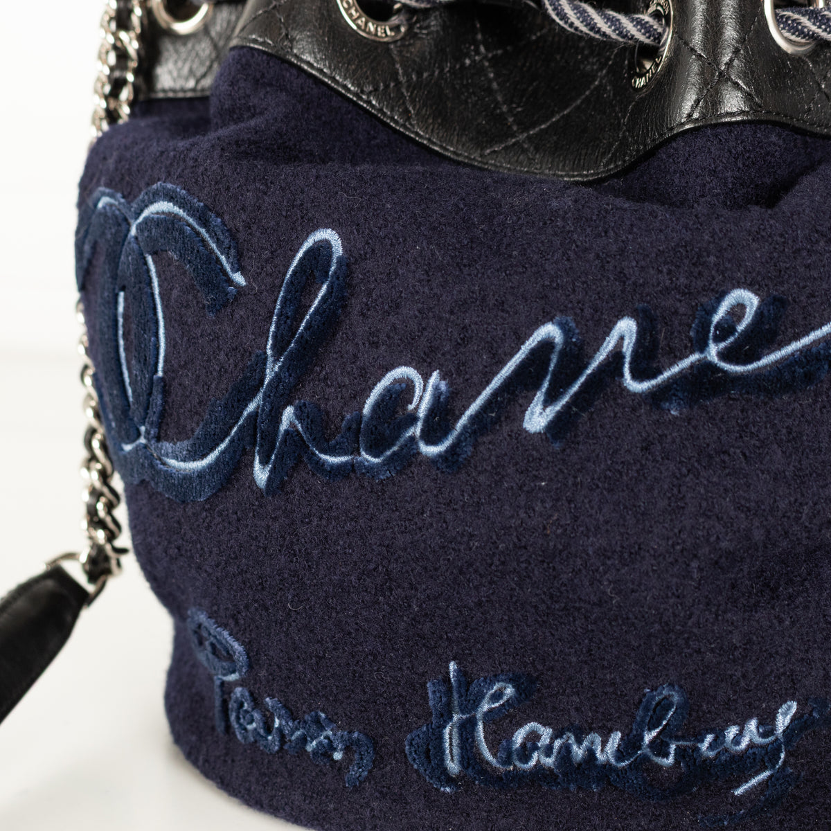Chanel Navy Felt Black Leather Trim Paris Hamburg Bucket Bag