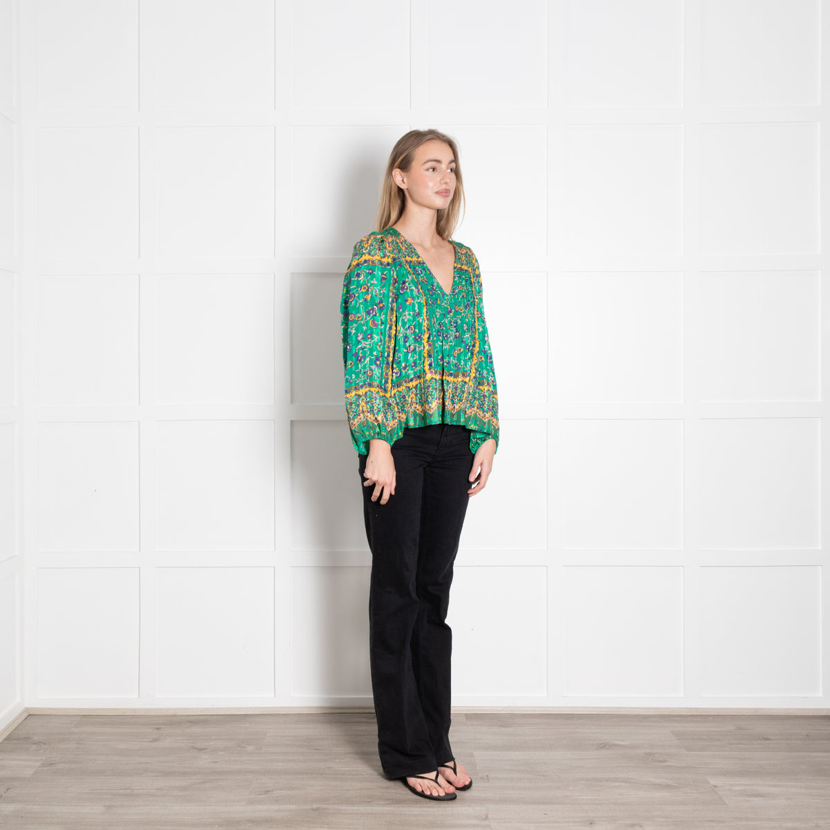 Sandro Green Paisley Floral Gold Thread Smocked Blouse