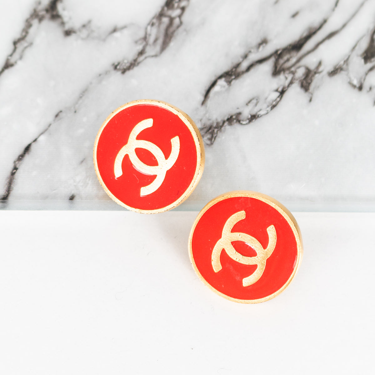 Chanel Gold Red Enamel Button Clip On Earrings