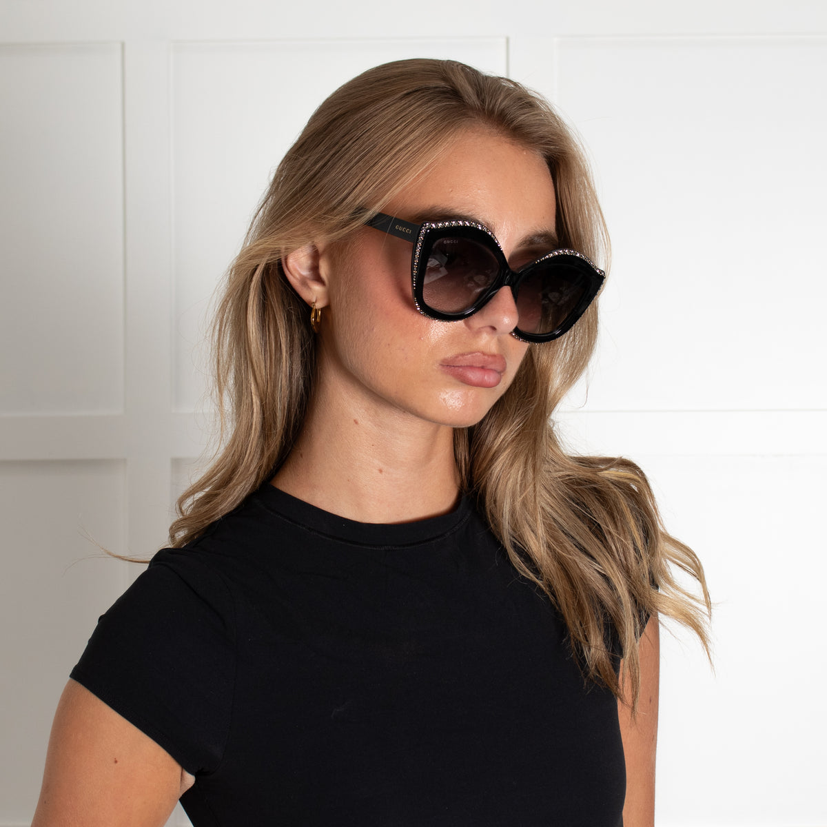 Gucci Black Diamante Embellished Oversized Cat Eye Sunglasses