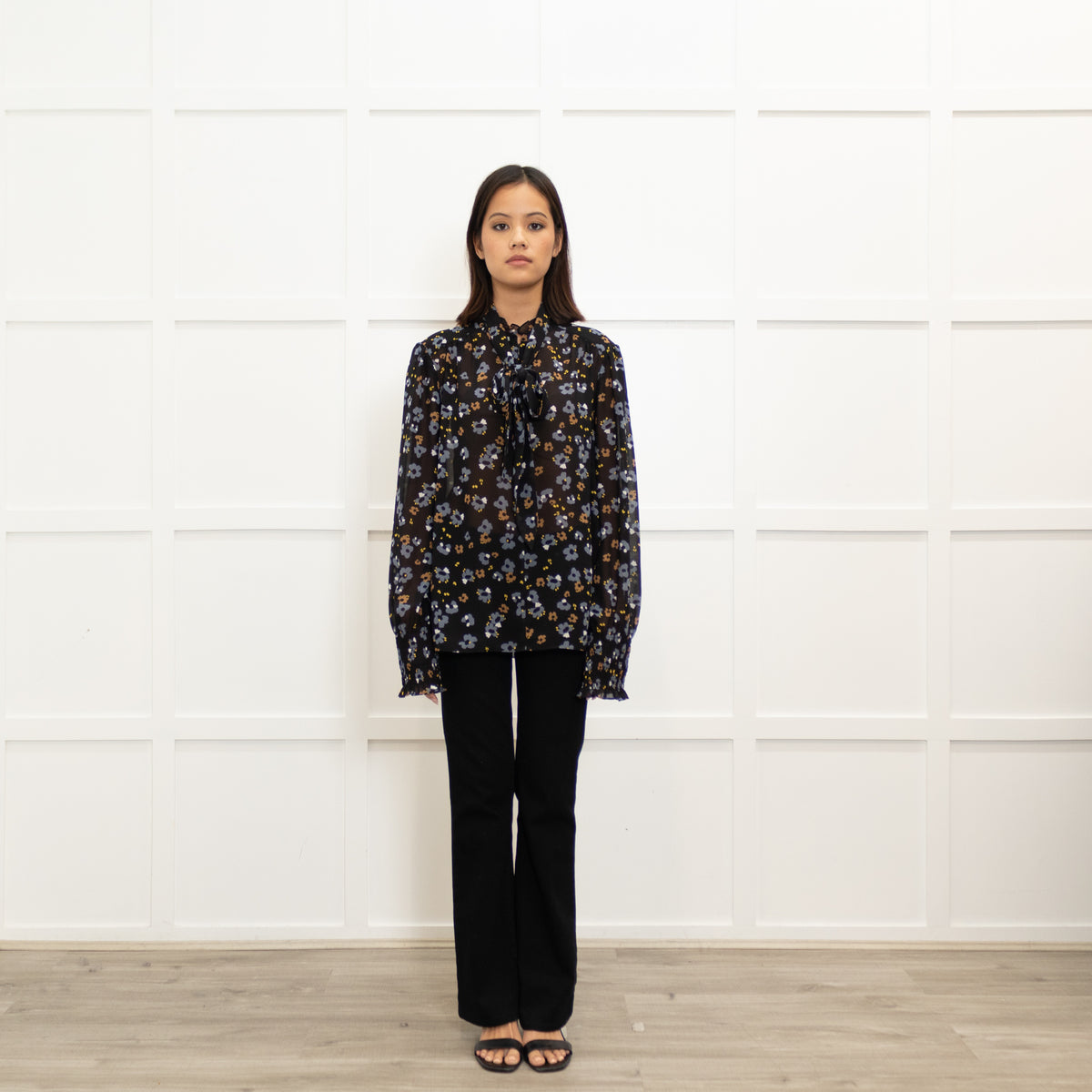 Me + Em Black Grey Brown Floral Zip Up Top