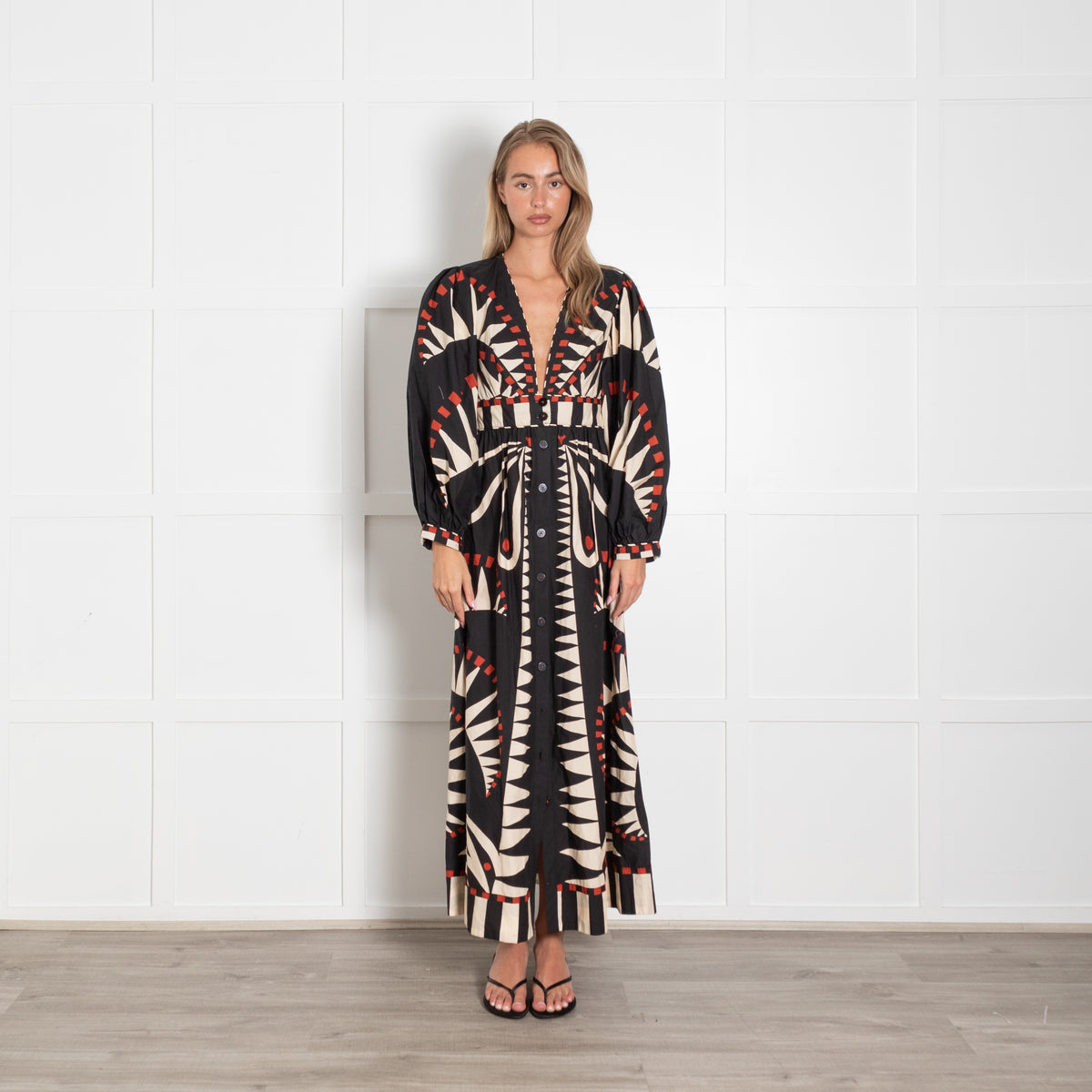 Farm Rio Black Red Cream Print Deep V Puff Sleeve Maxi