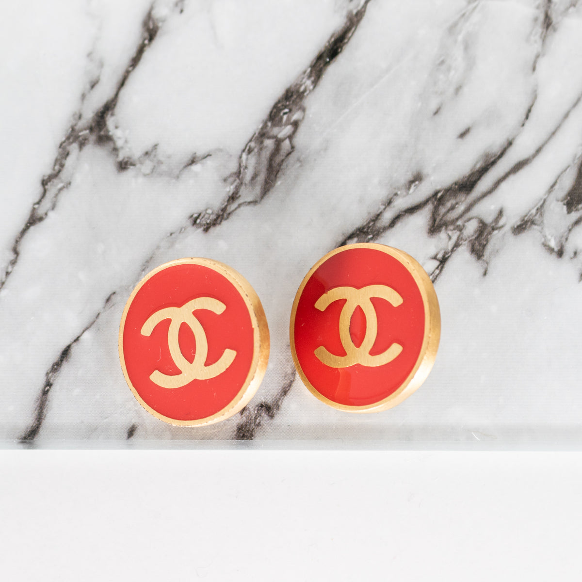 Chanel Gold Red Enamel Button Clip On Earrings