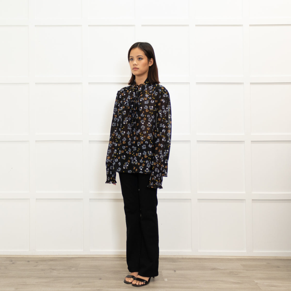 Me + Em Black Grey Brown Floral Zip Up Top