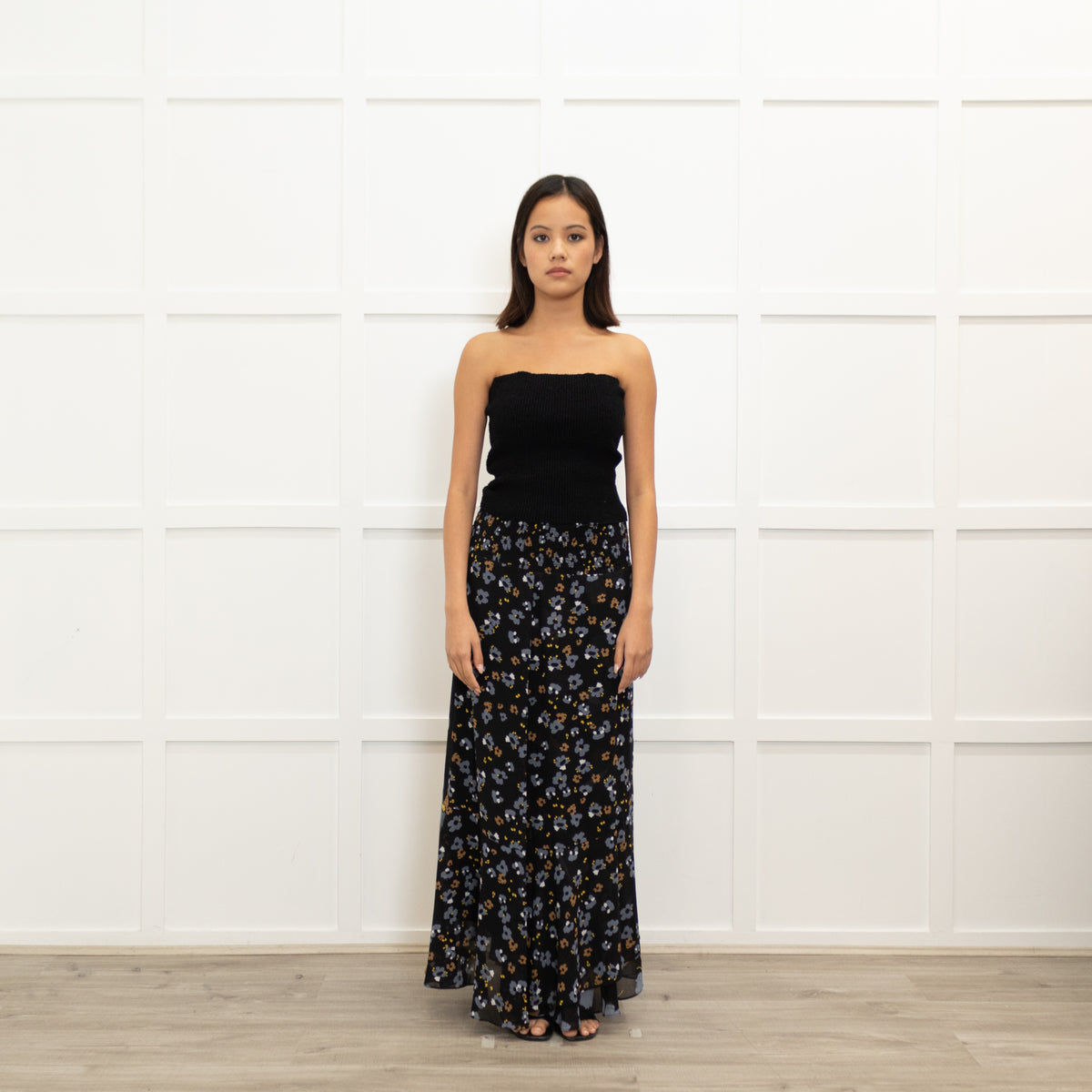 Me + Em Black Grey Brown Floral Maxi Skirt