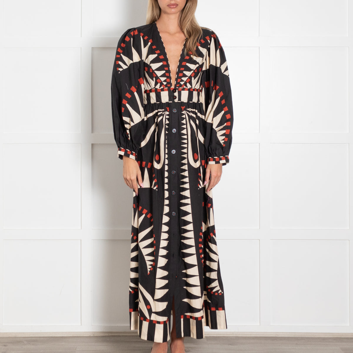 Farm Rio Black Red Cream Print Deep V Puff Sleeve Maxi