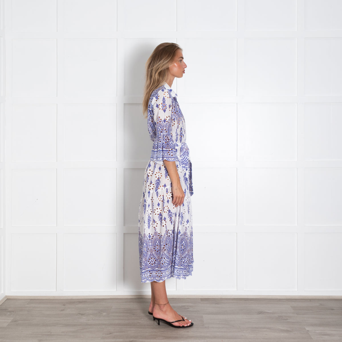 Valerie Khalfon Blue And White Broiderie Anglaise Shirt Dress With Tie Belt