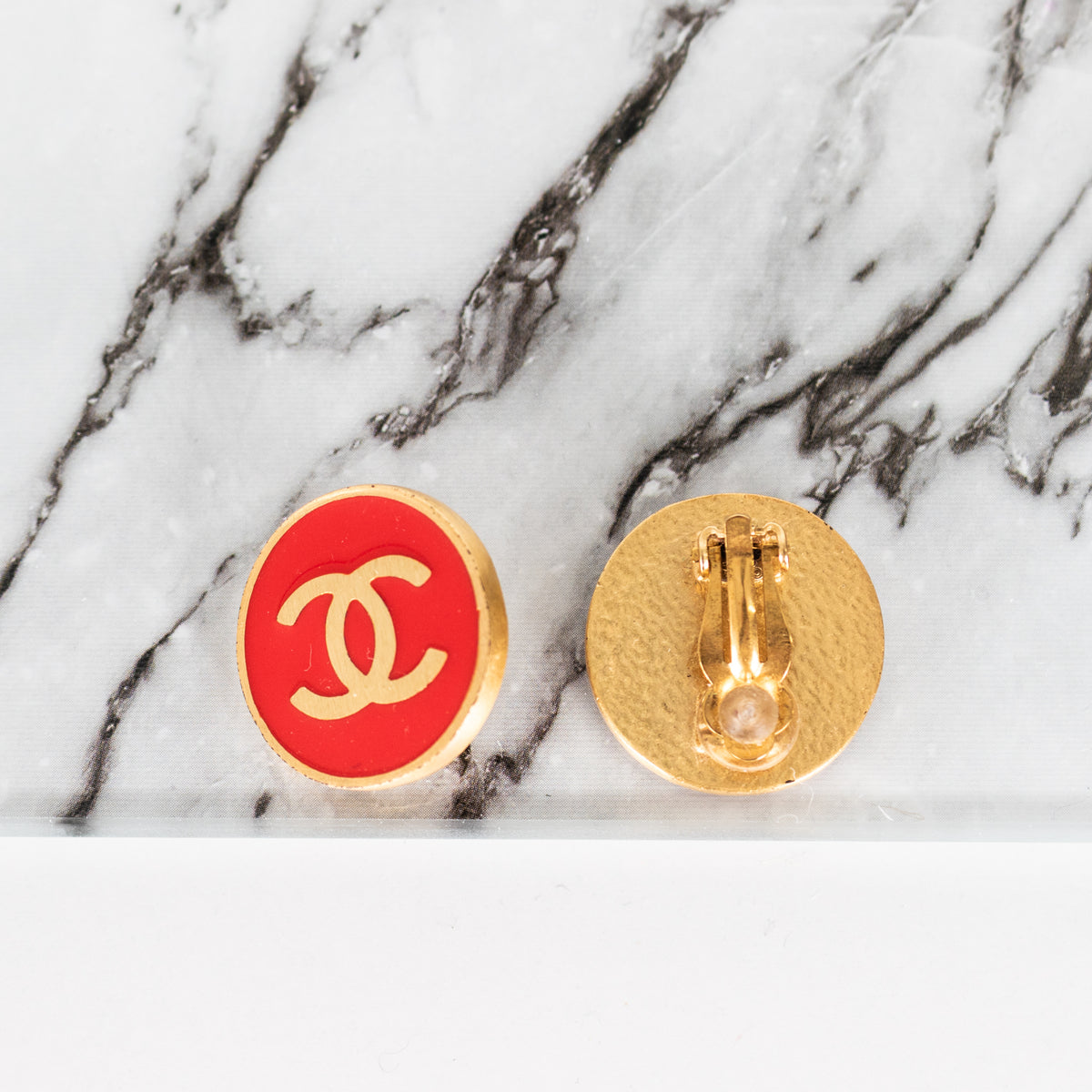Chanel Gold Red Enamel Button Clip On Earrings