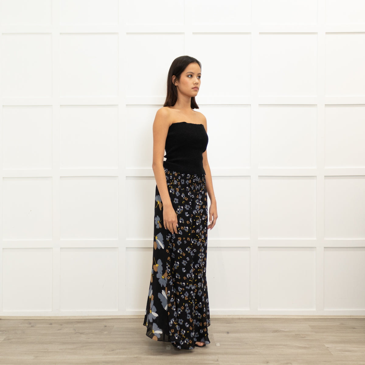 Me + Em Black Grey Brown Floral Maxi Skirt