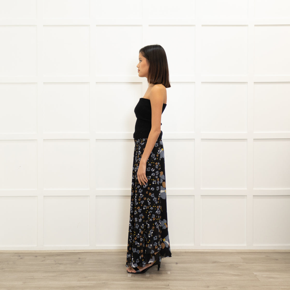 Me + Em Black Grey Brown Floral Maxi Skirt