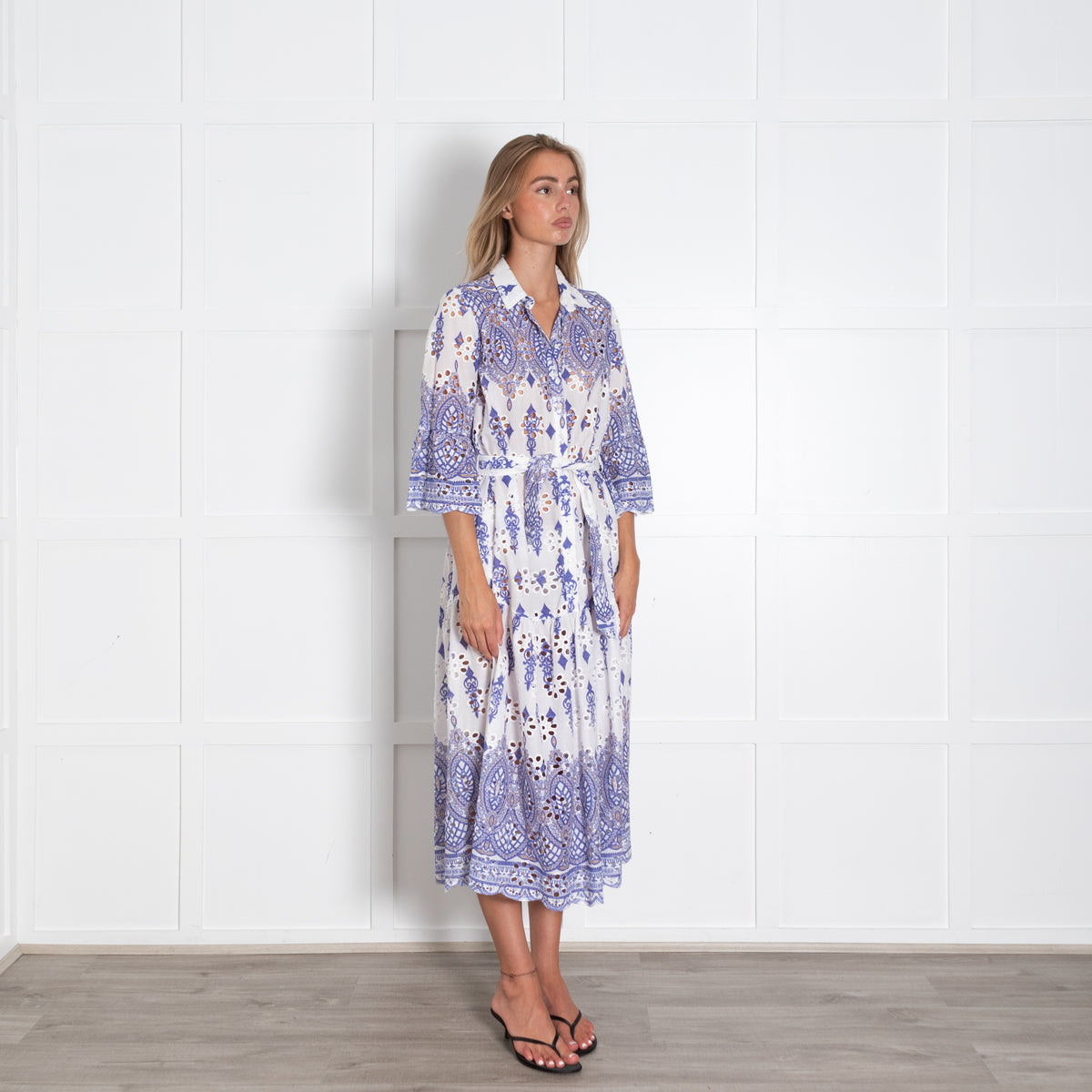 Valerie Khalfon Blue And White Broiderie Anglaise Shirt Dress With Tie Belt