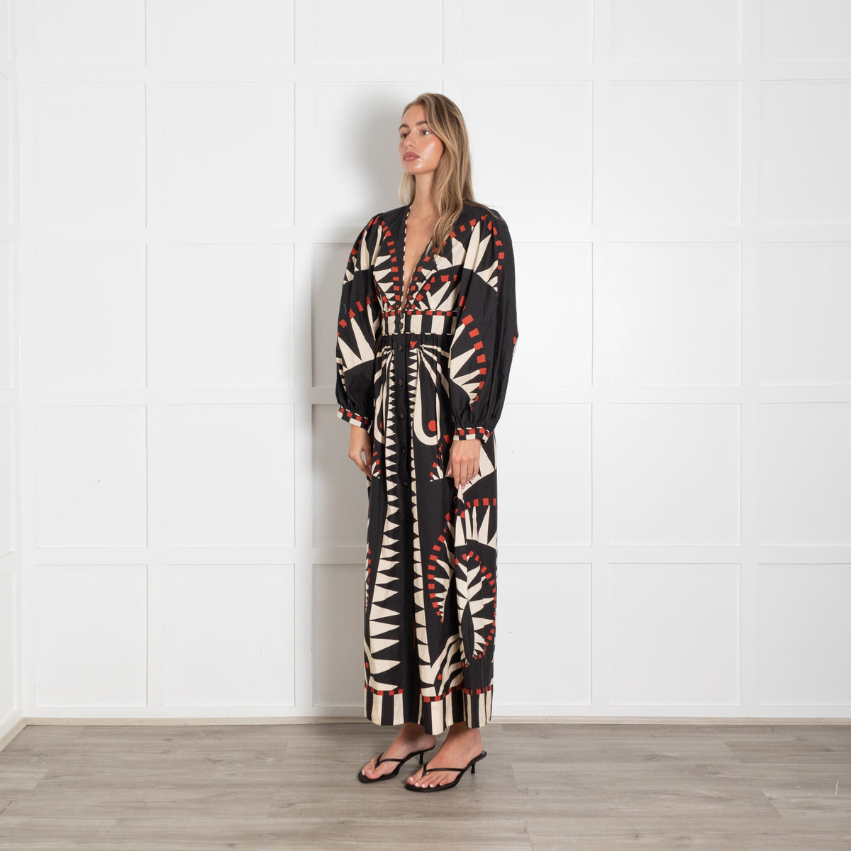 Farm Rio Black Red Cream Print Deep V Puff Sleeve Maxi