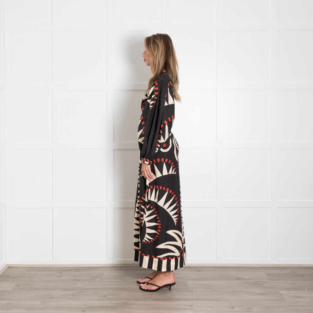 Farm Rio Black Red Cream Print Deep V Puff Sleeve Maxi