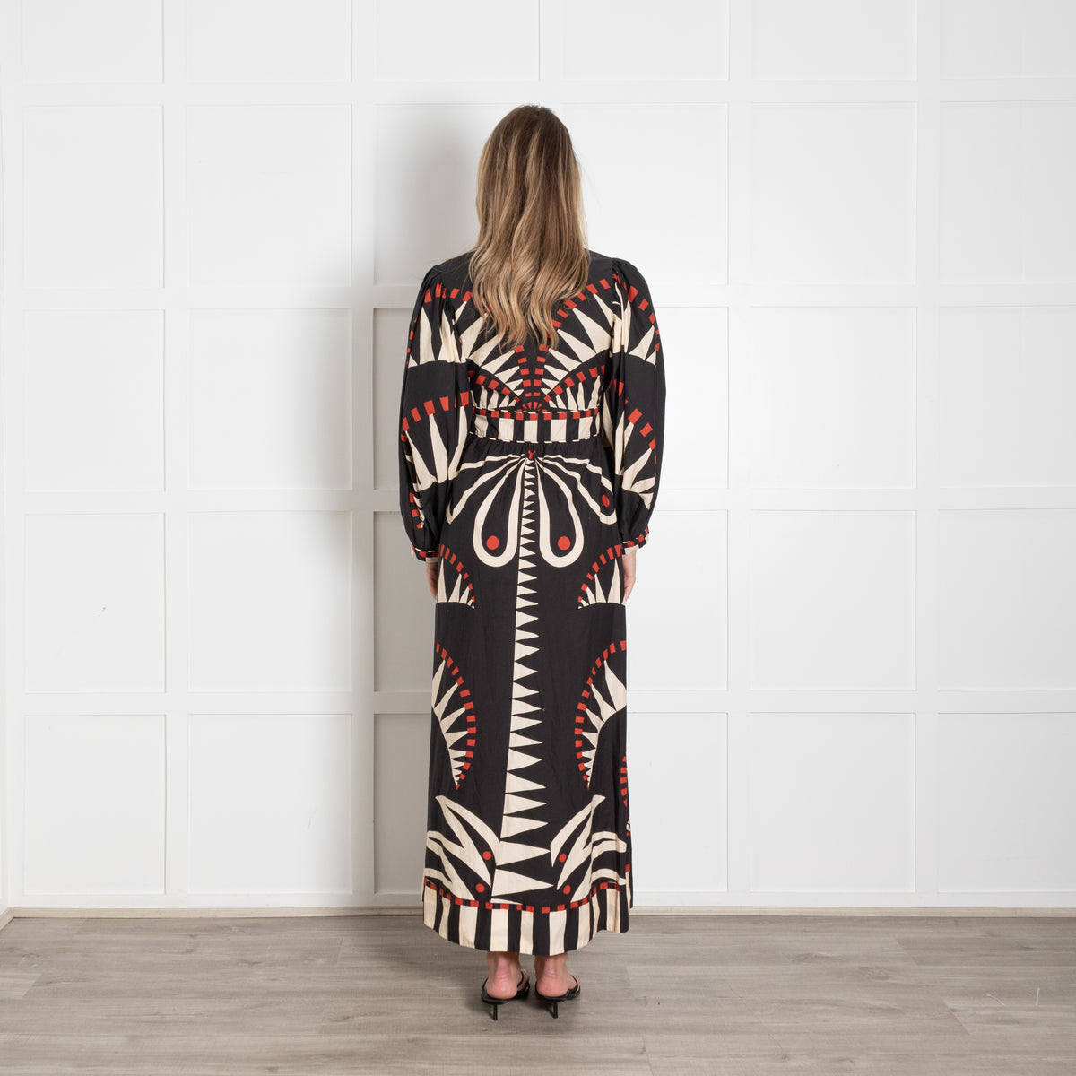 Farm Rio Black Red Cream Print Deep V Puff Sleeve Maxi