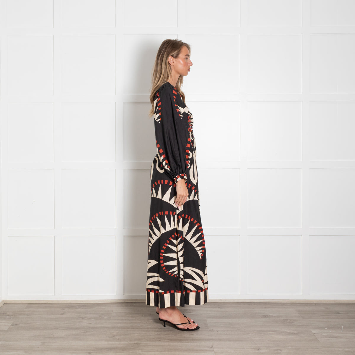 Farm Rio Black Red Cream Print Deep V Puff Sleeve Maxi