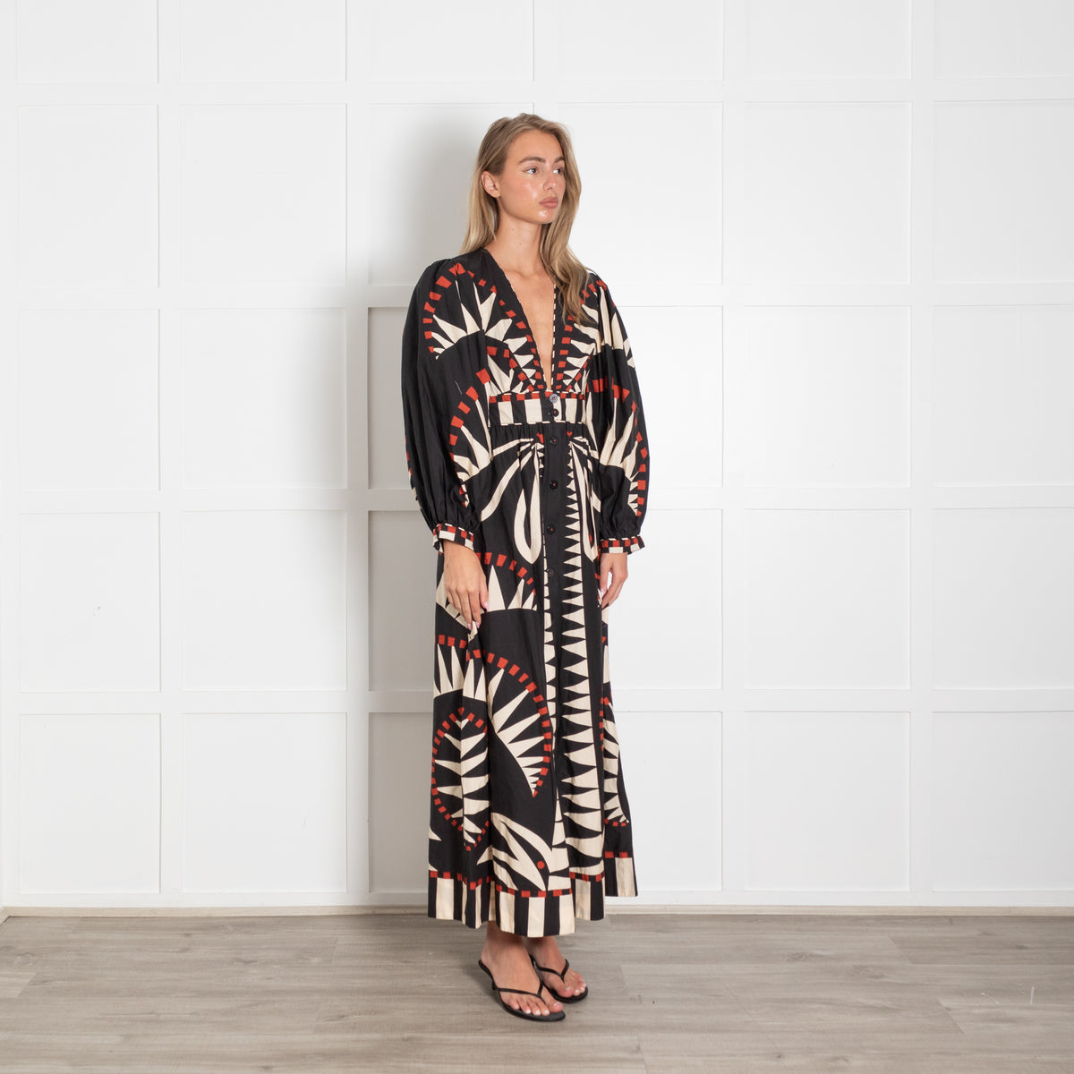 Farm Rio Black Red Cream Print Deep V Puff Sleeve Maxi