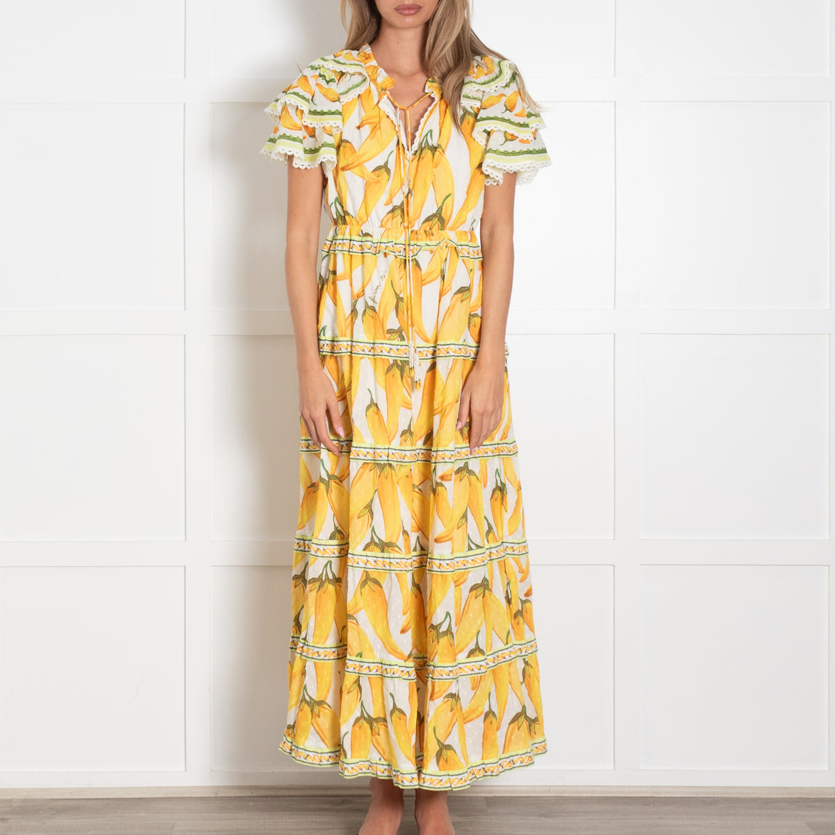 Farm Rio White Yellow Fruits Lace Trim Cap Sleeved Maxi Dress