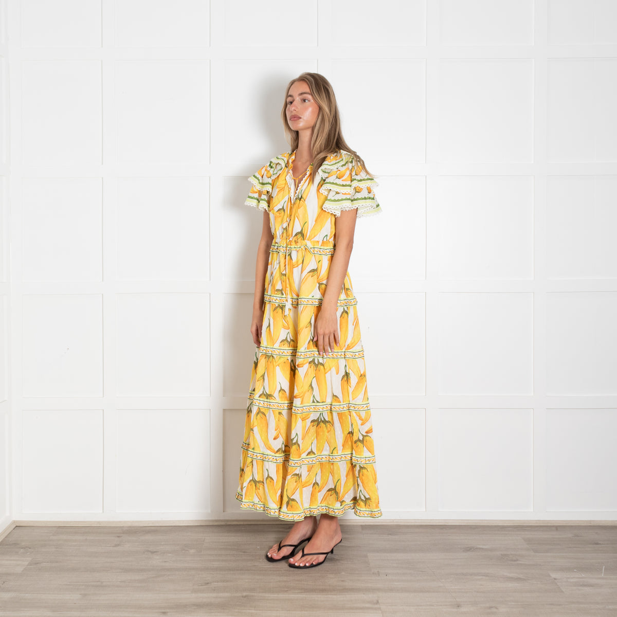 Farm Rio White Yellow Fruits Lace Trim Cap Sleeved Maxi Dress