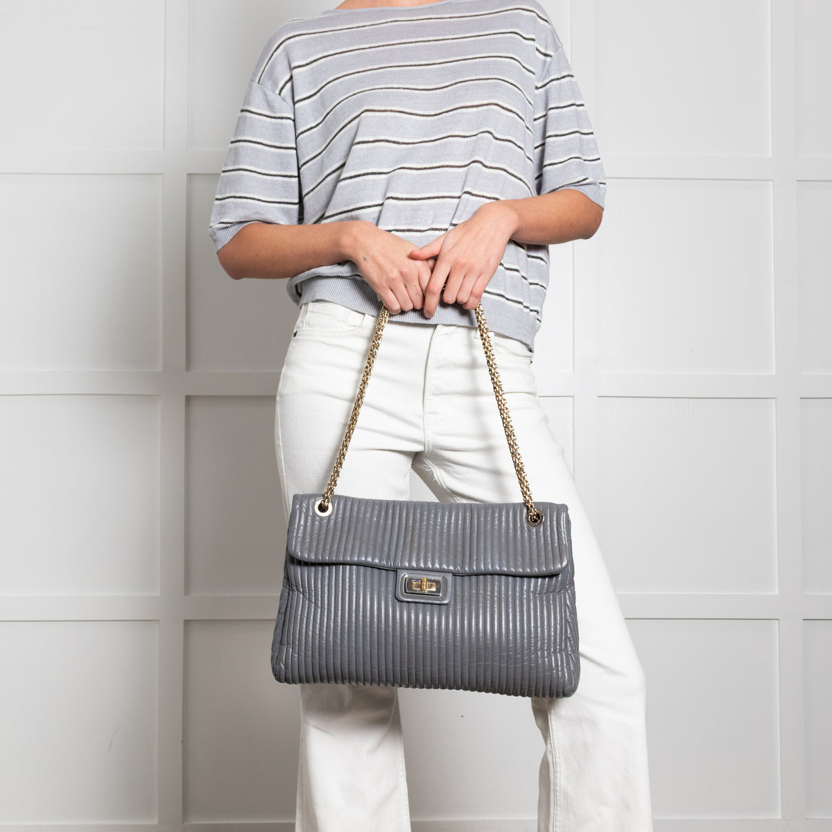 Chanel Grey Vertical Quilt Mademoiselle Lock Bag