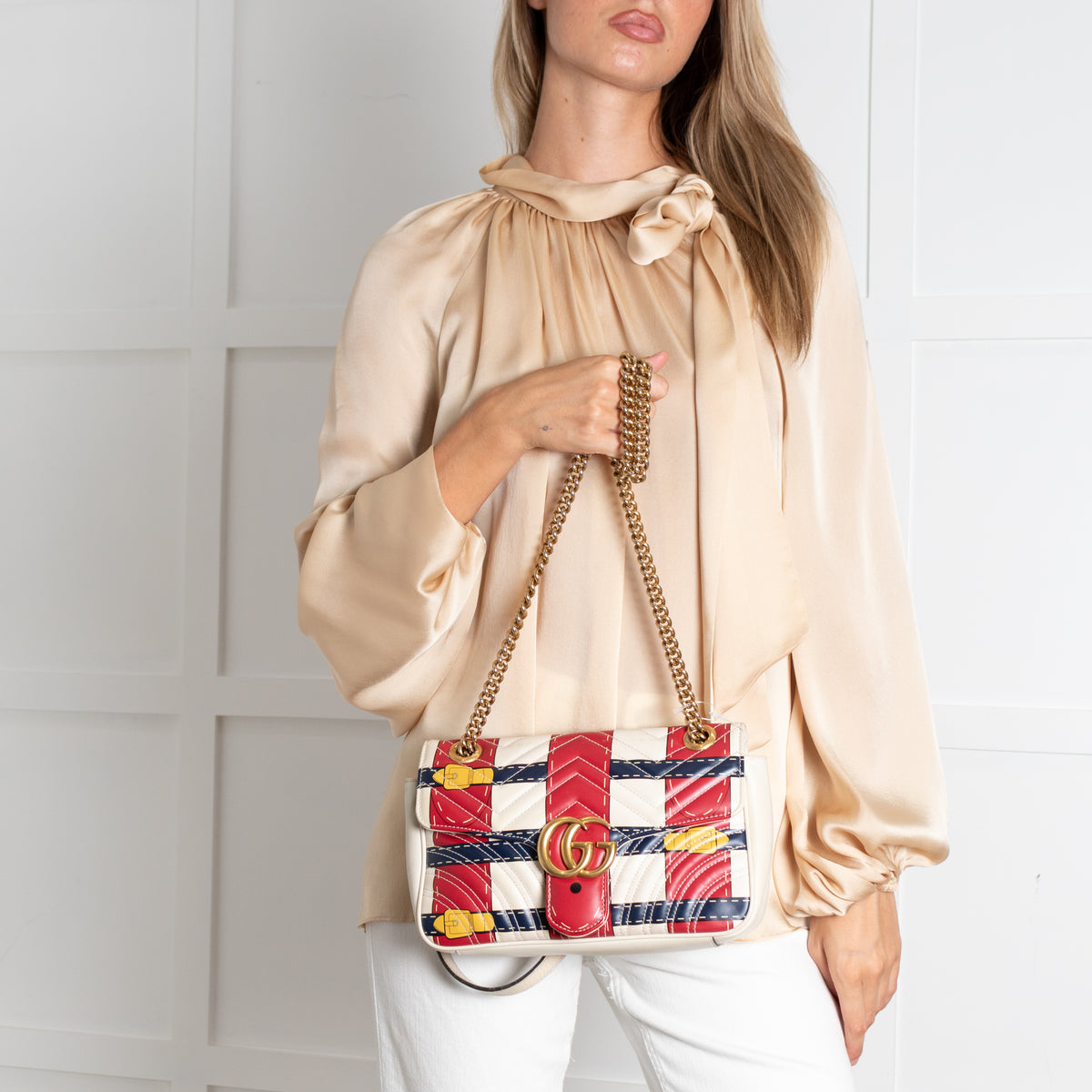 Gucci Cream with Red Blue Yellow Marmont Quilted Flap Shoulder Bag