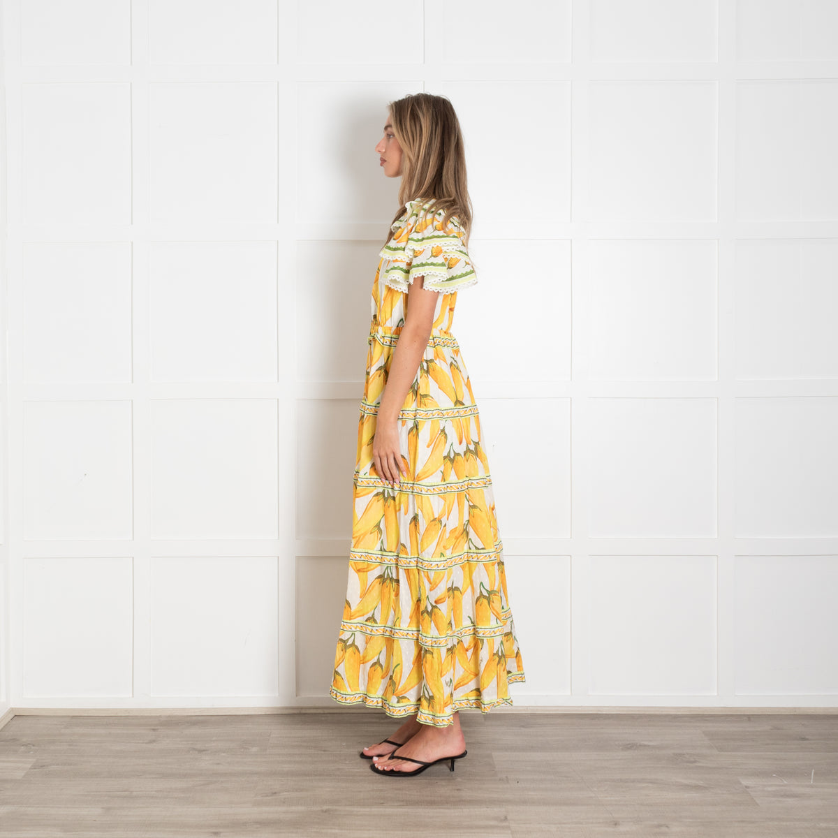 Farm Rio White Yellow Fruits Lace Trim Cap Sleeved Maxi Dress