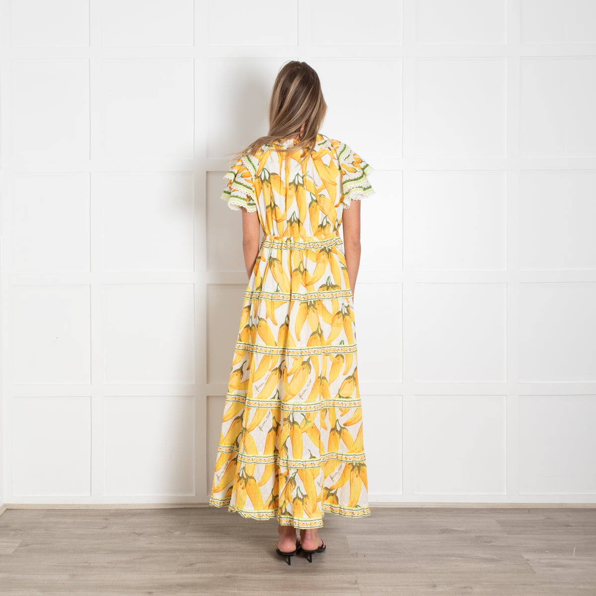 Farm Rio White Yellow Fruits Lace Trim Cap Sleeved Maxi Dress