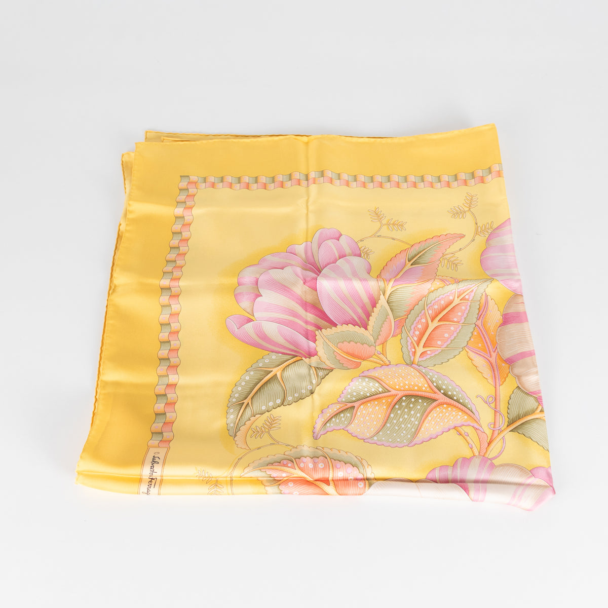 Salvatore Ferragamo Yellow With Pink Flower Print Silk Scarf