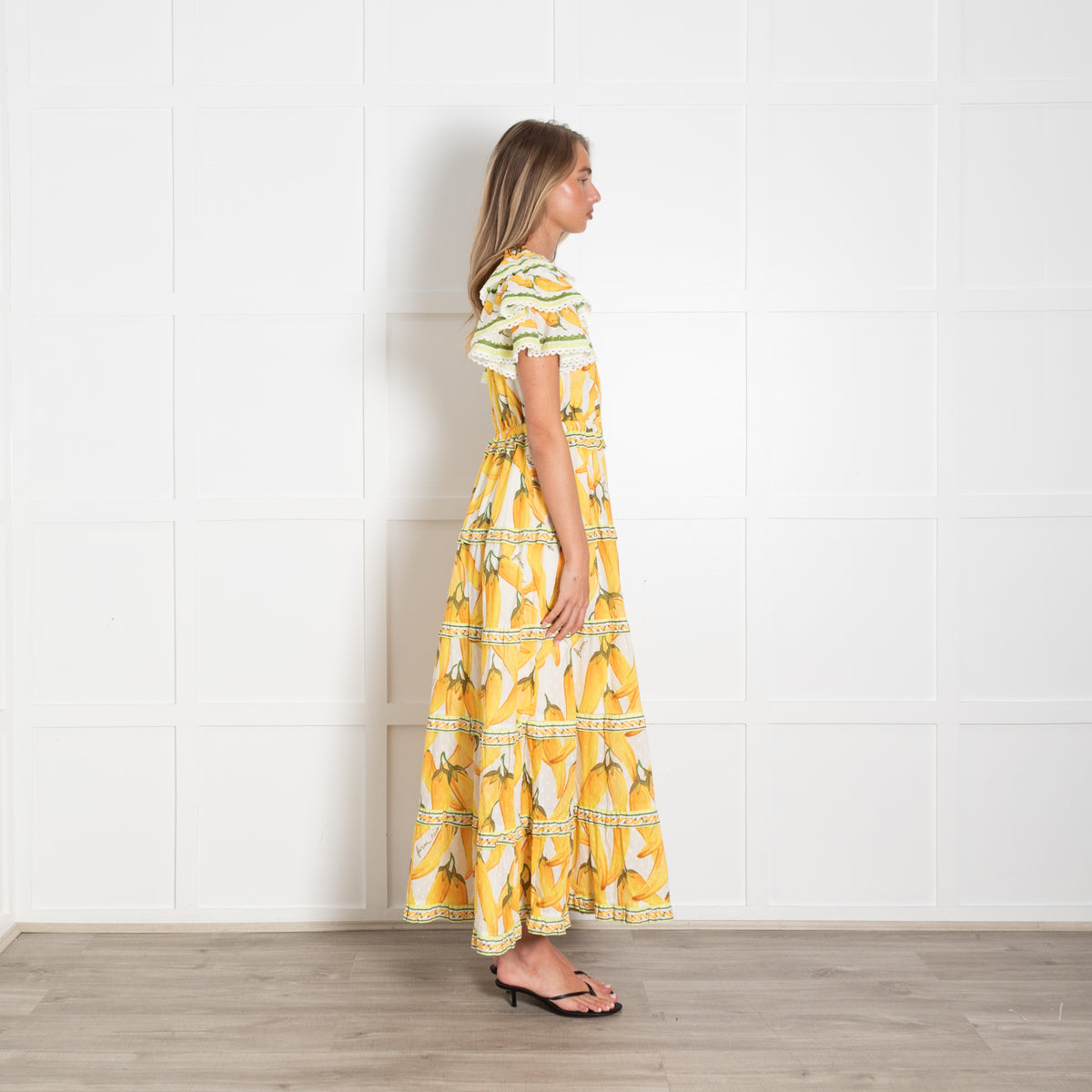 Farm Rio White Yellow Fruits Lace Trim Cap Sleeved Maxi Dress