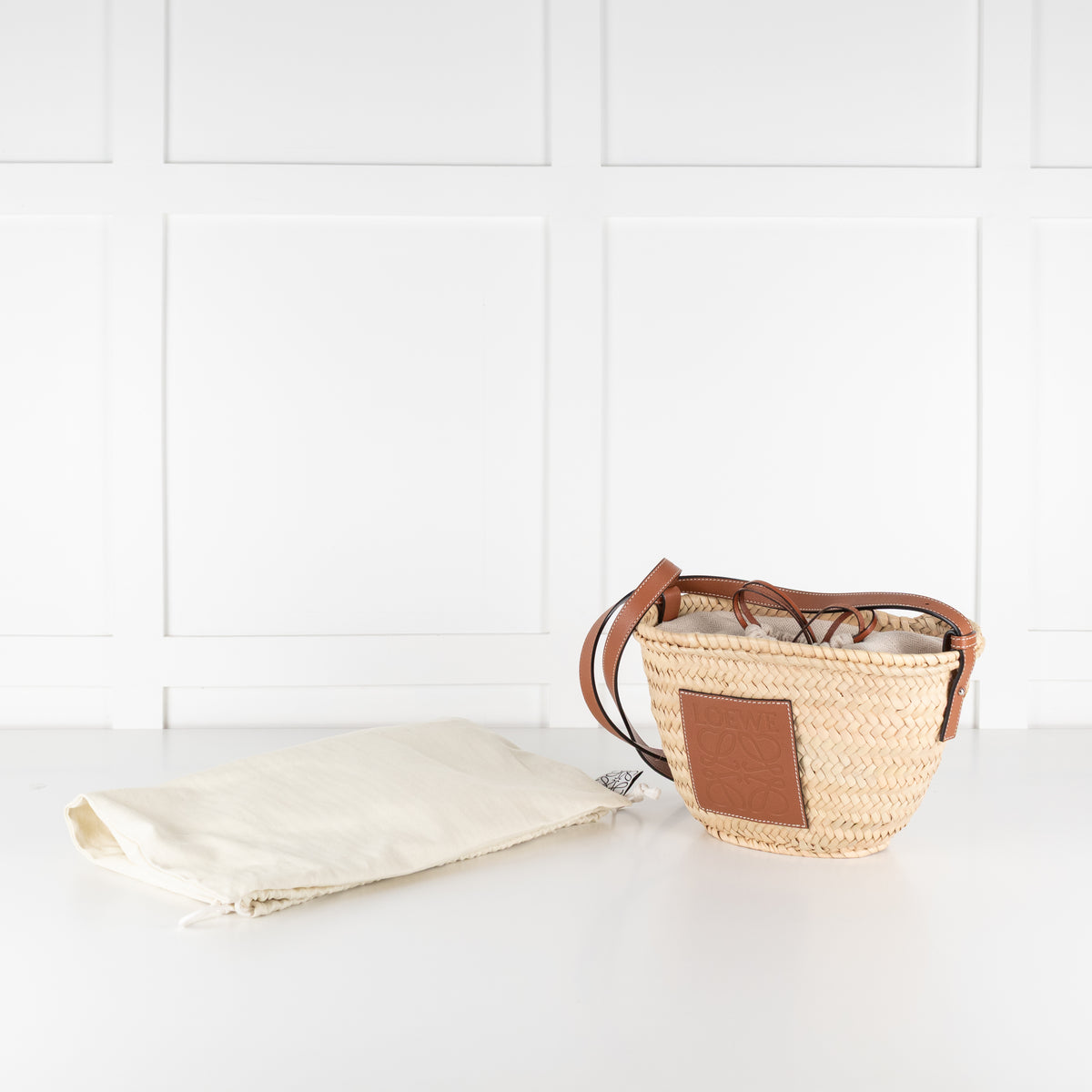 Loewe Beige Palm Leaf + Calfskin Leather Drawstring Bucket Bag
