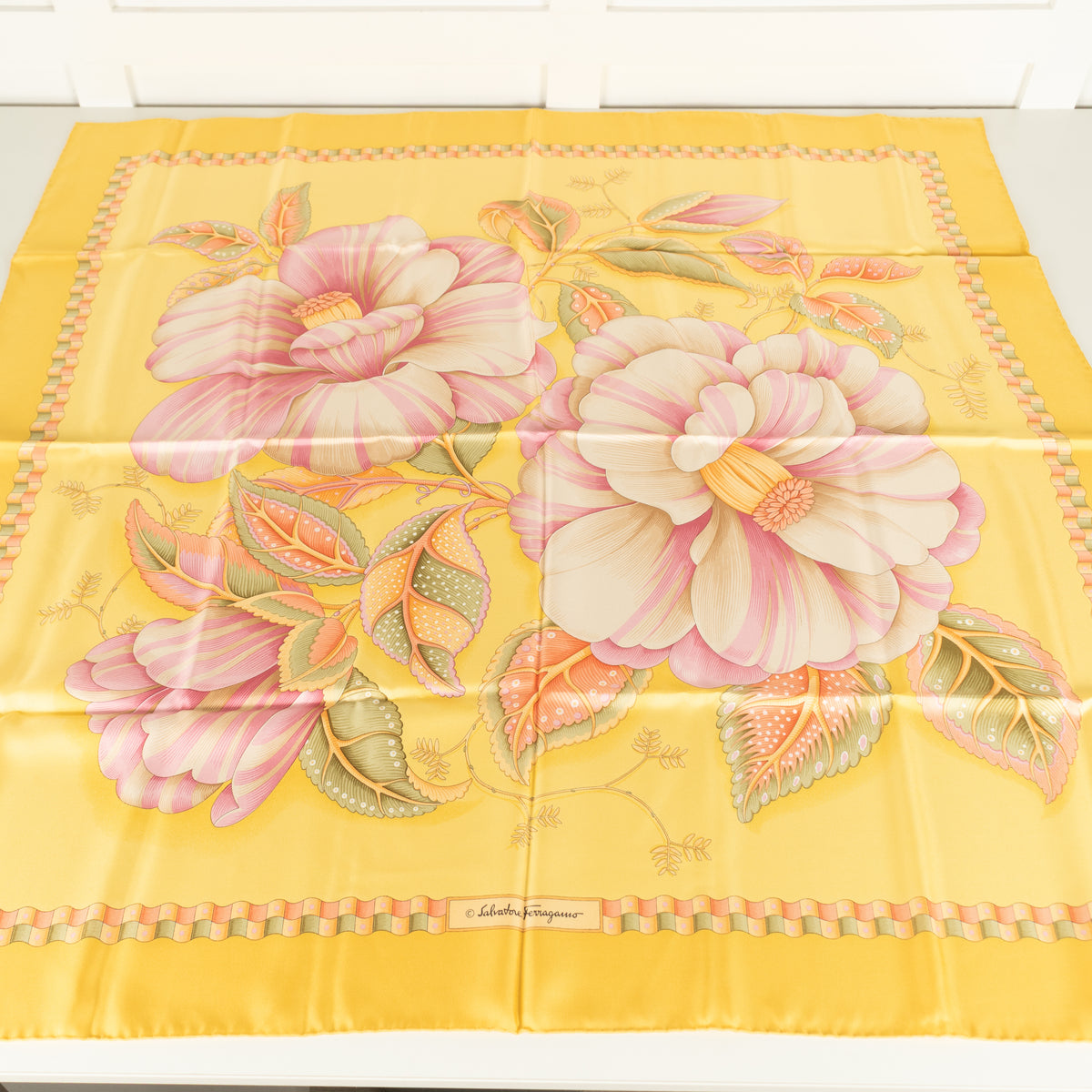 Salvatore Ferragamo Yellow With Pink Flower Print Silk Scarf